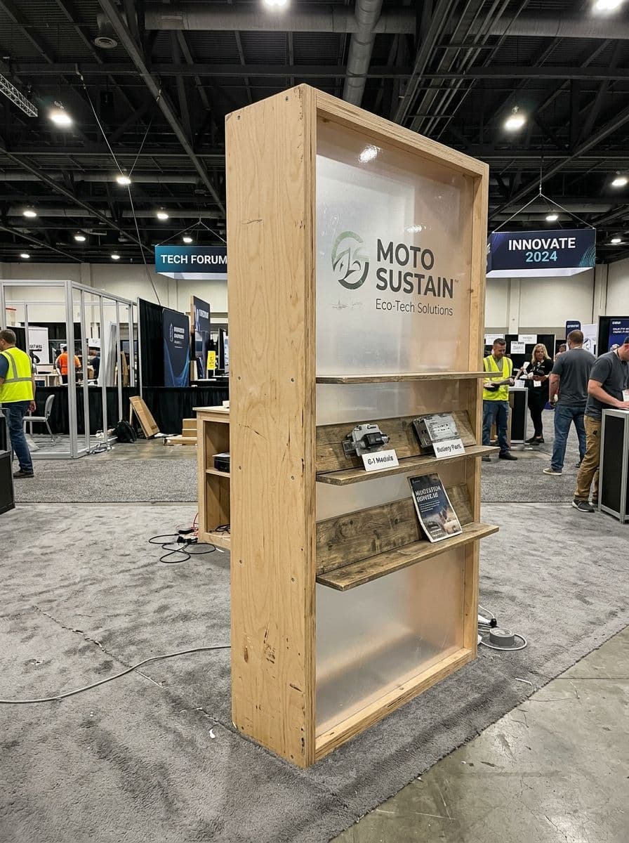 Moderner Messestand mit Holz und Acryl Elementen